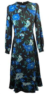 J.Crew Ruffle-Neck Floral Midi Dress Black Blue Long Sleeve 8